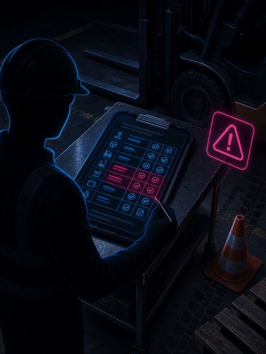 OSHA inspector reviewing warehouse forklift inspection records